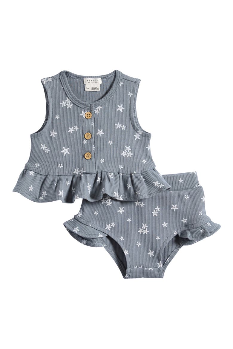Starfish Peplum Stretch Organic Cotton Rib Top & Bloomers Set, Main, color, DUSTY BLUE