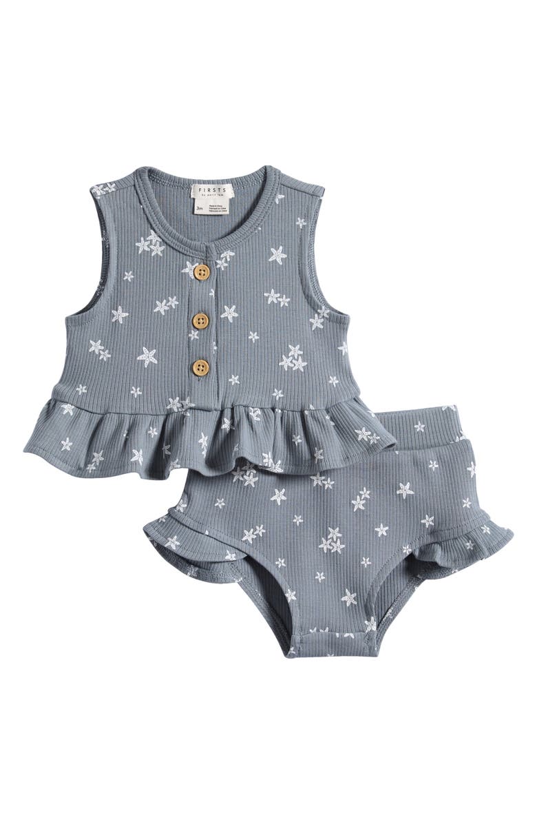 Petit Lem Starfish Peplum Stretch Organic Cotton Rib Top & Bloomers Set, Main, color, Dusty Blue