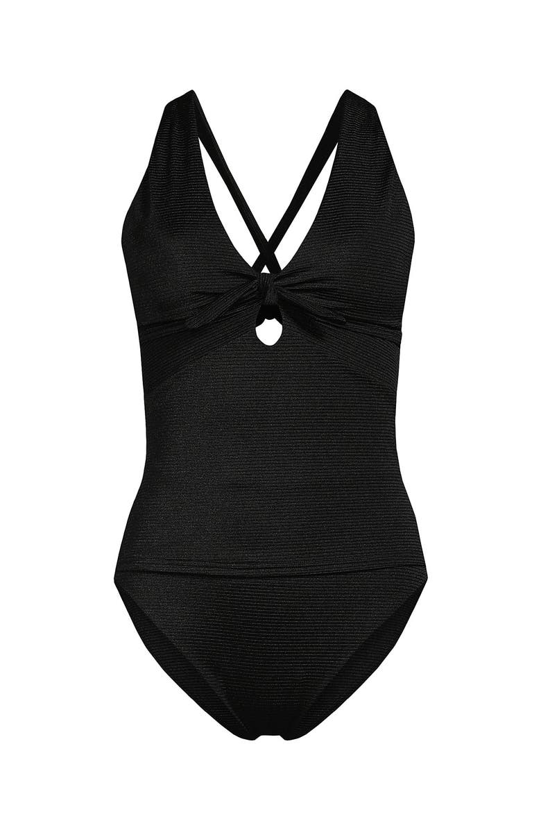 Lands' End Shine Ribbed Tankini Top and High Waisted Bottom Swimsuit Set, Alternate, color, Black Ottoman