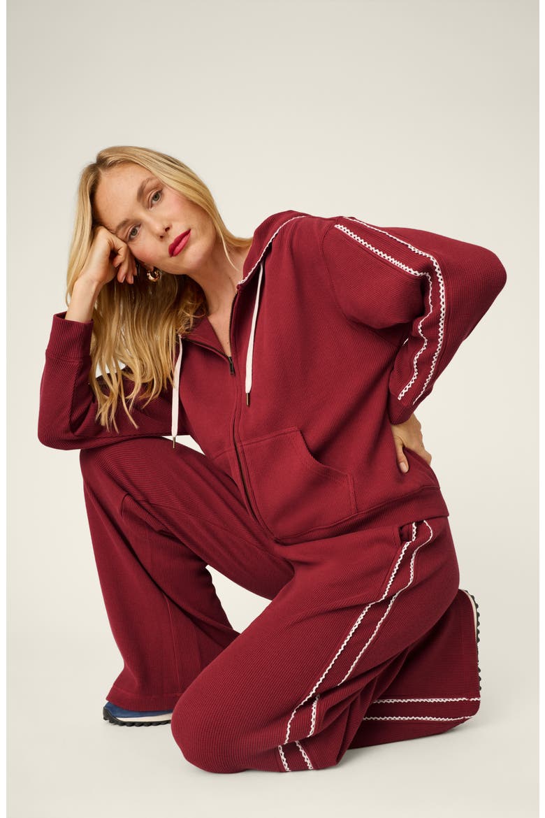 Waffle Knit Full Zip Hoodie, Alternate, color, DARK WINE