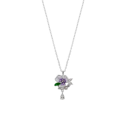 Spero London Pansy Violet Floral Necklace In Silver