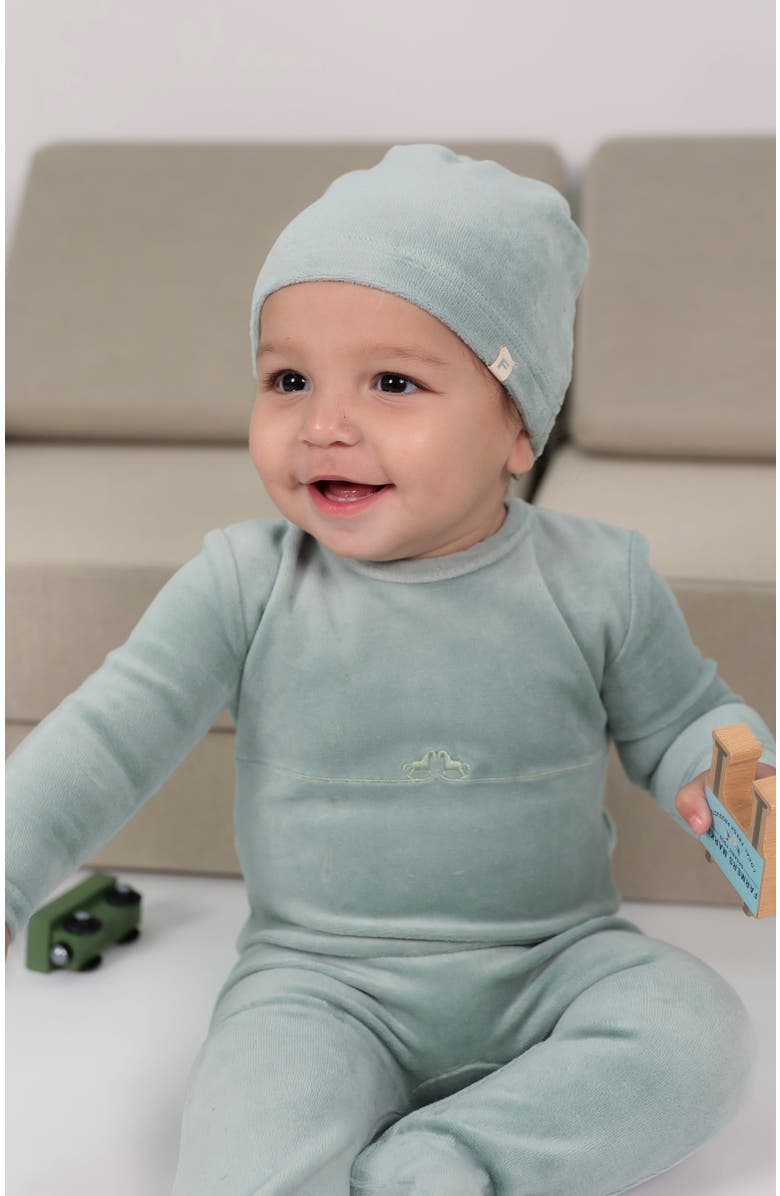 Fragile Boy Rocking Horse Stretch Romper with Matching Hat, Alternate, color, Blue