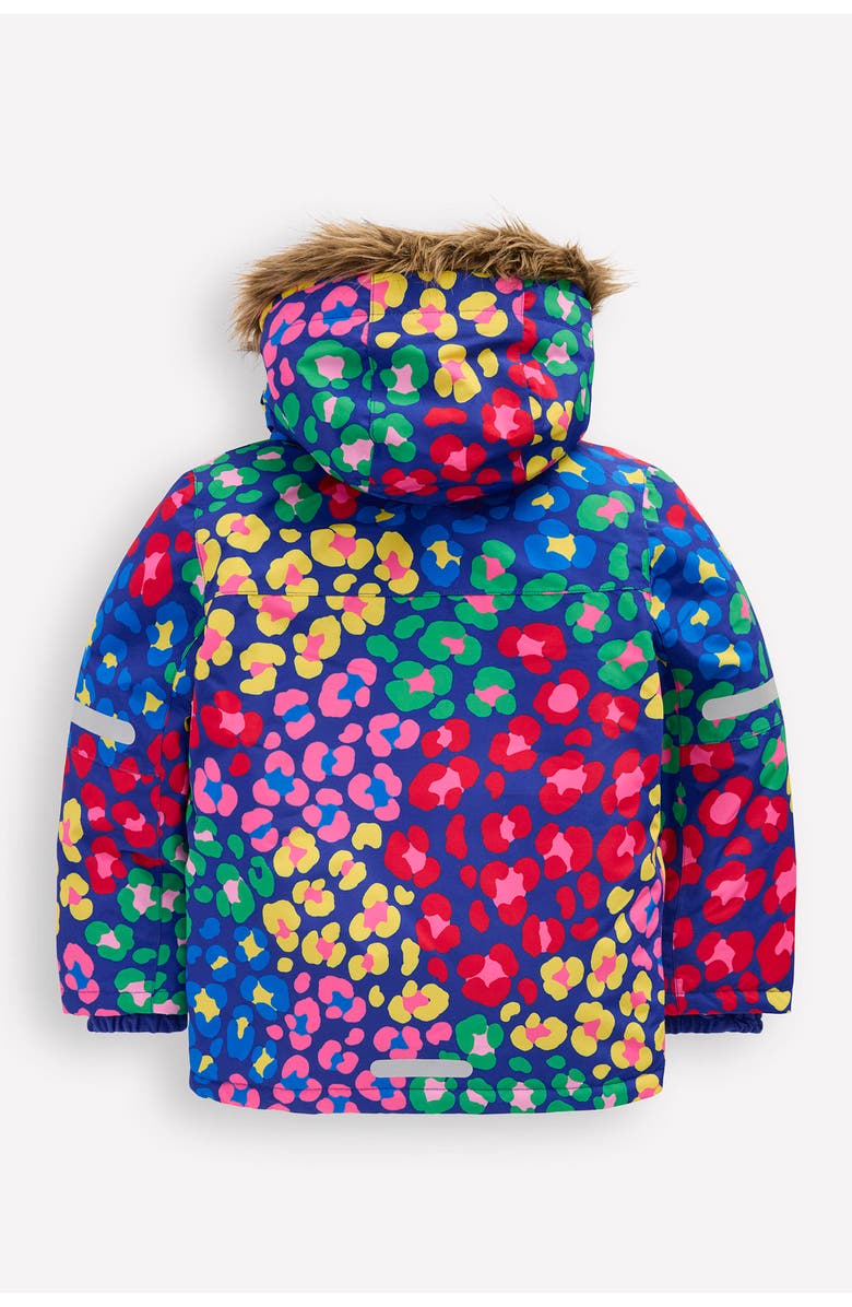 Mini Boden Kids' All Weather Faux Fur Trim Hooded Waterproof Coat, Alternate, color, Multi Rainbow Leopard