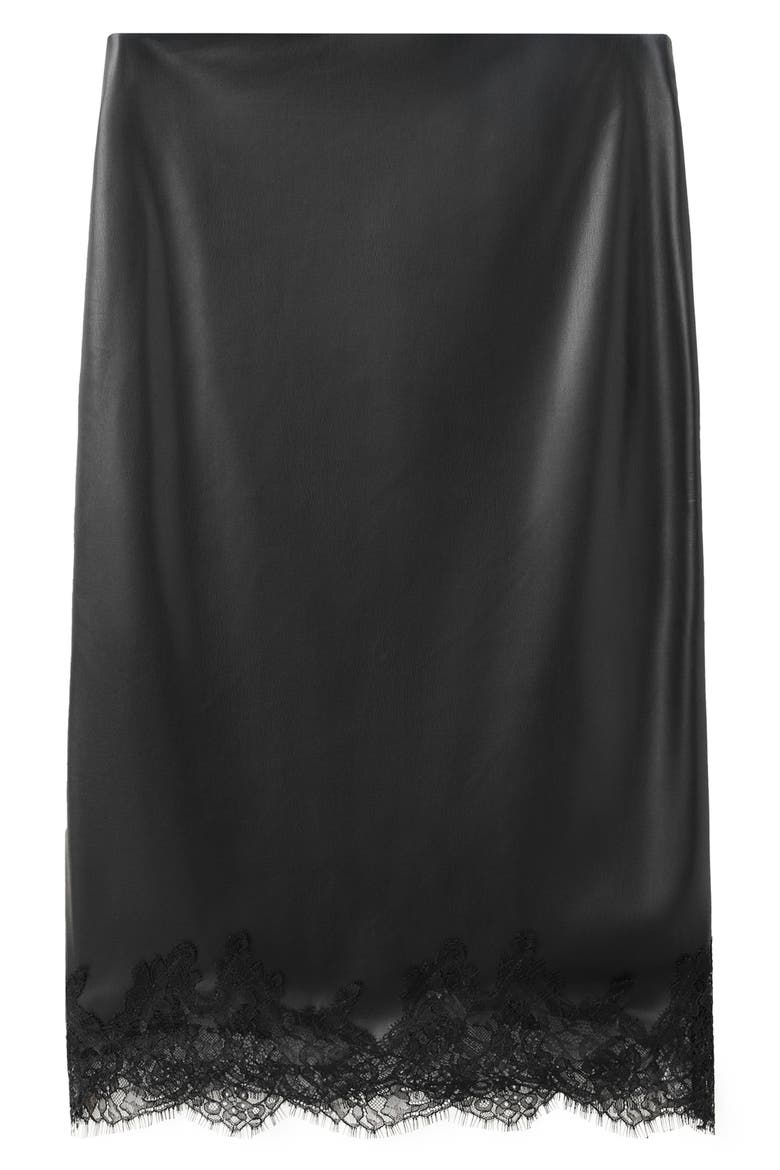 Eyelash Lace Trim Faux Leather Skirt, Main, color, BLACK