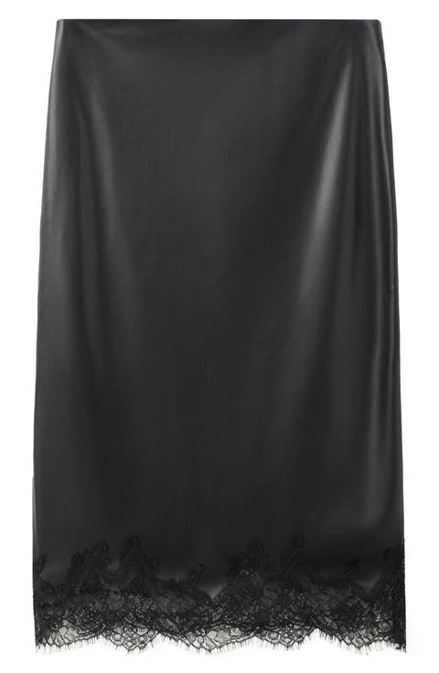 Eyelash Lace Trim Faux Leather Skirt
