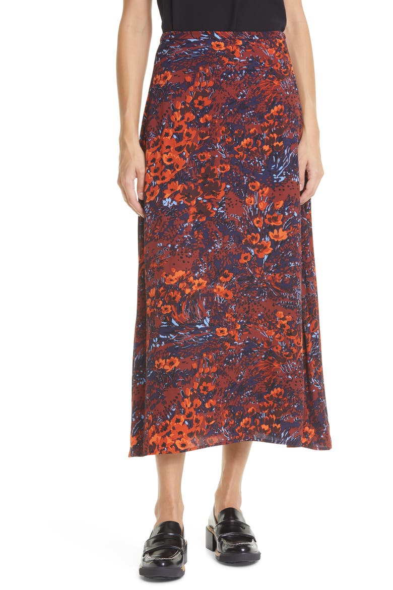 Andina Floral Print Midi Skirt, Main, color, FIRED CREPITUS