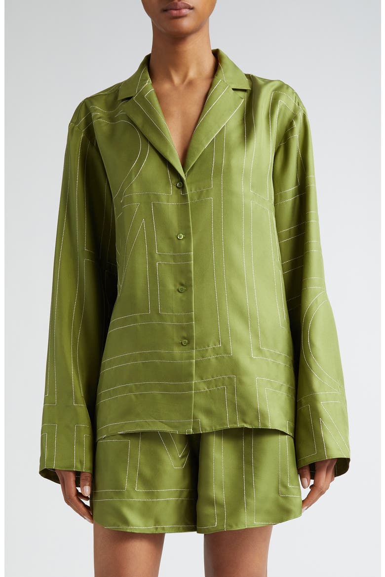Monogram Embroidered Silk Button-Up Shirt (Women) | Nordstrom