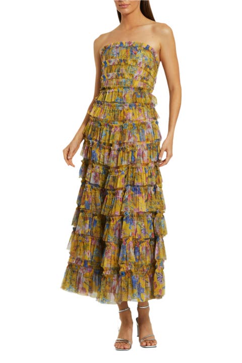 Printed Mesh Ruffle Strapless Midi Dress