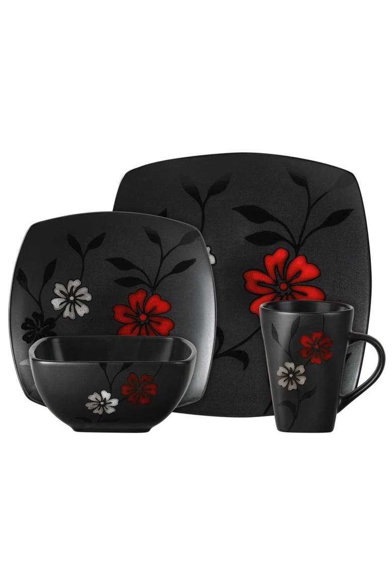 16-Piece Evening Blossom Dinnerware Set, Main, color, Black and Red