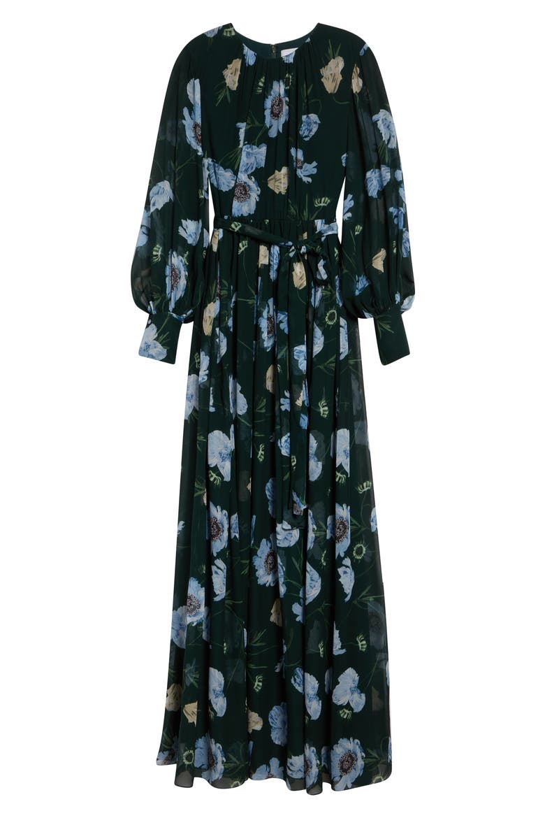 Floral Long Sleeve Silk Voile Gown, Alternate, color, BELLE EPOQUE POPPY DARK GREEN