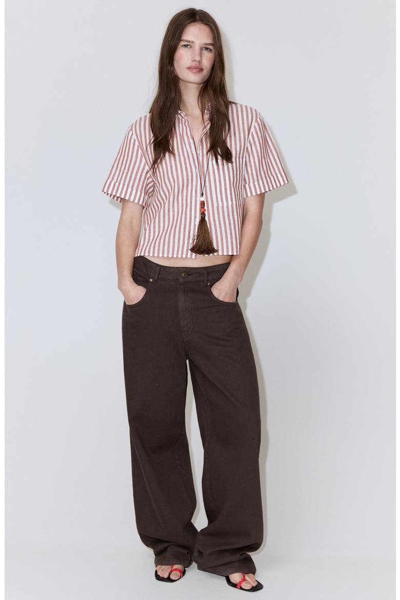 Stripe Short Sleeve Cotton & Linen Button-Up Shirt, Alternate, color, MAROON