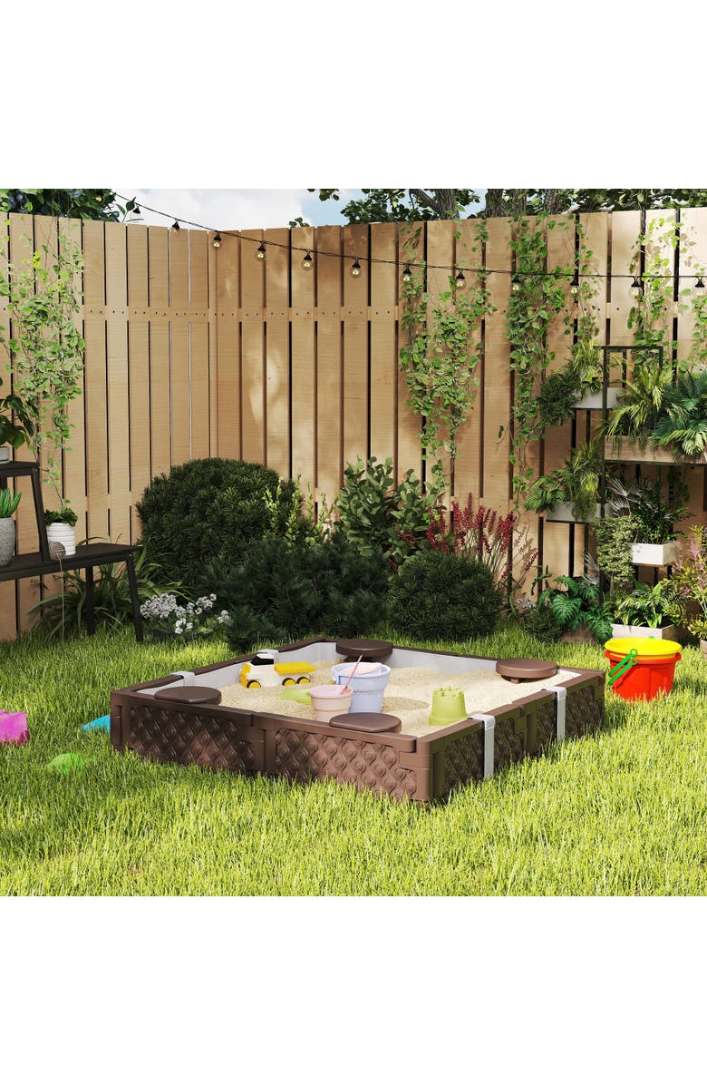 Qaba Kids Sandbox with Cover, 4 Seats & Bottom Liner, Alternate, color, Brown