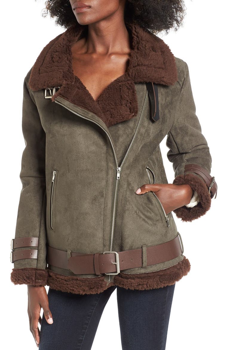 Faux Shearling Jacket, Alternate, color, OLIVE/ BROWN