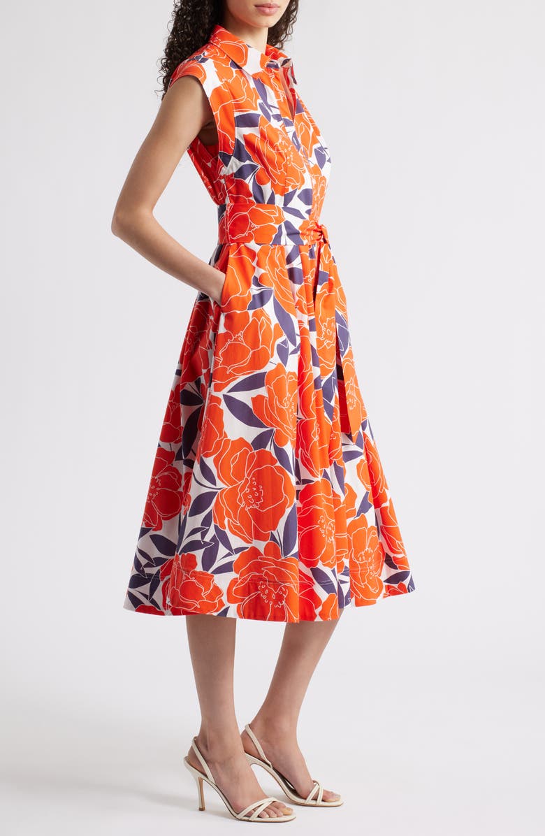 Milly Jules Camellia Floral Belted Poplin Fit & Flare Dress, Alternate, color, Coral Multi