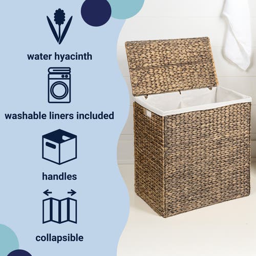 Happimess Sawyer Classic Farmhouse Handwoven Hyacinth 2-section Collapsible Laundry Hamper With Wash In Brown