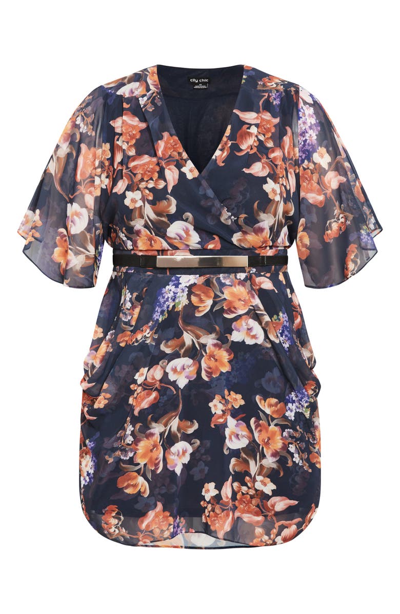 City Chic Floral Print Faux Wrap Minidress, Alternate, color, Navy