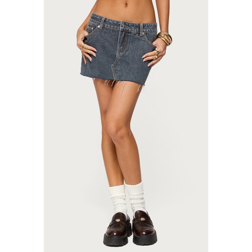 Edikted Micah Raw Hem Denim Miniskirt In Blue