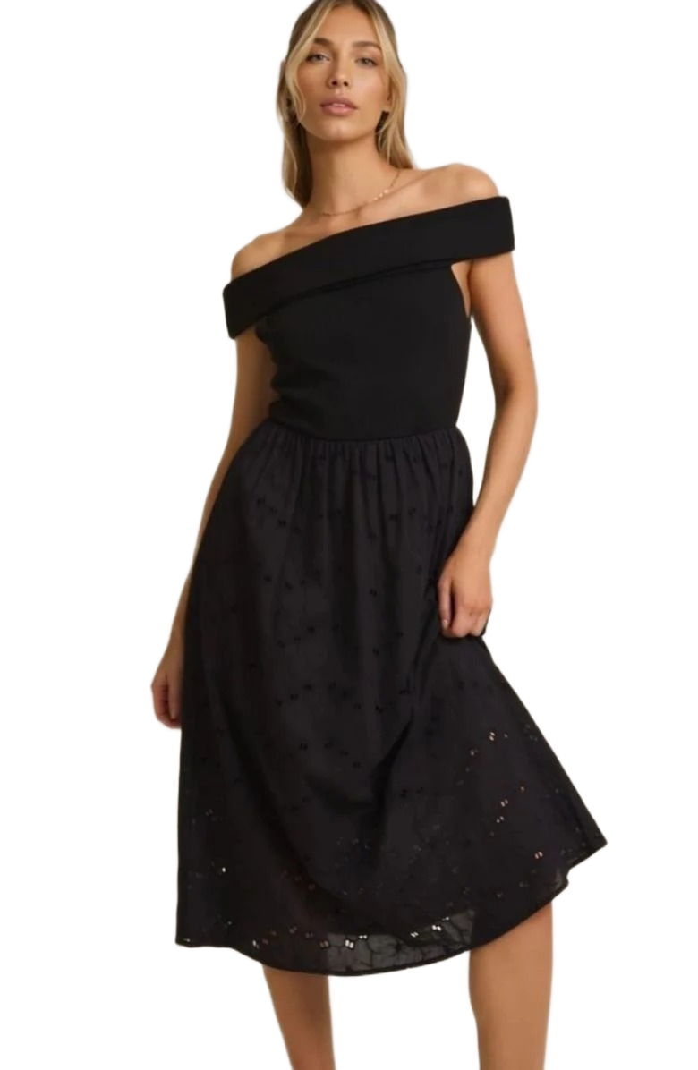 Knit and Lounge Elegant Off-Shoulder Midi Dress with Textured Skirt Detail, Main, color,