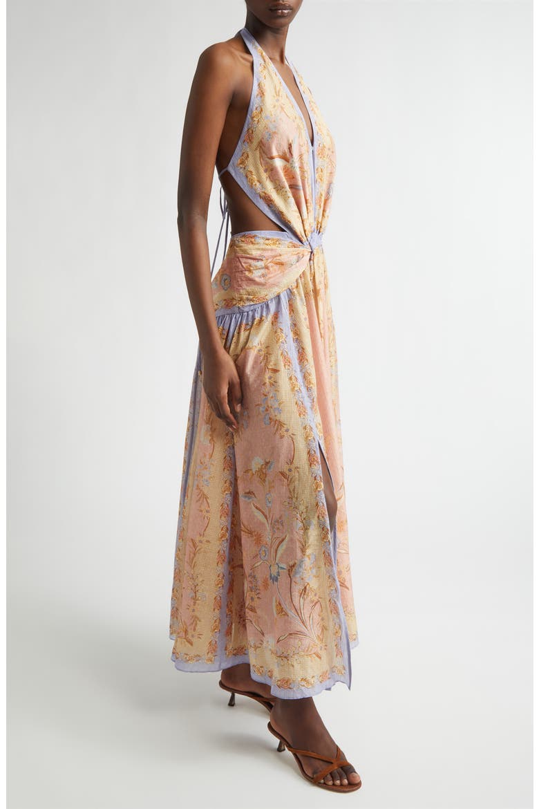 Indra Metallic Stripe Print Silk & Cotton Halter Maxi Dress, Alternate, color, PINK SCARF FLORAL