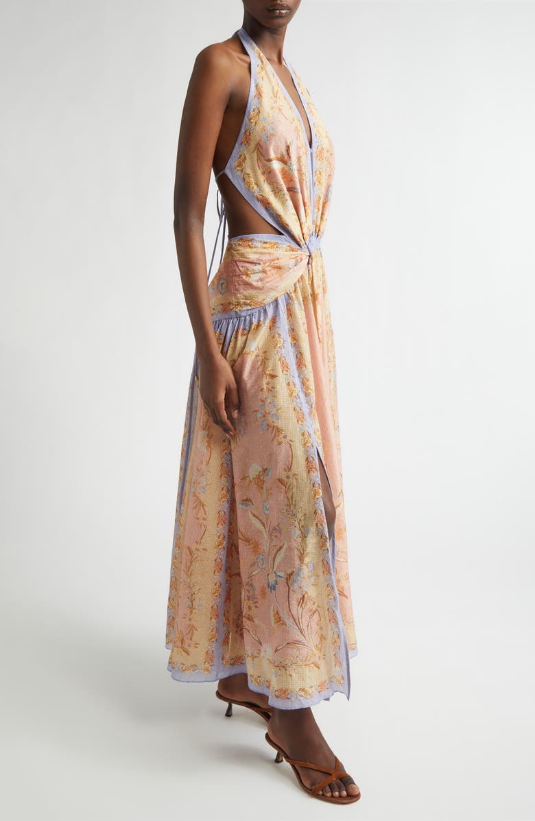 Zimmermann Indra Metallic Stripe Print Silk & Cotton Halter Maxi Dress, Alternate, color, Pink Scarf Floral
