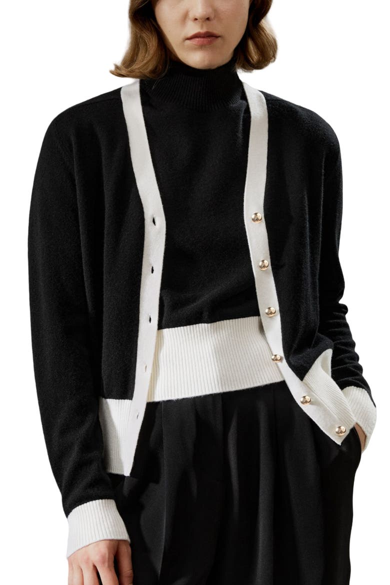 Women's Gemini Cashmere Cardigan with Contrasting Hem, Main, color, Black