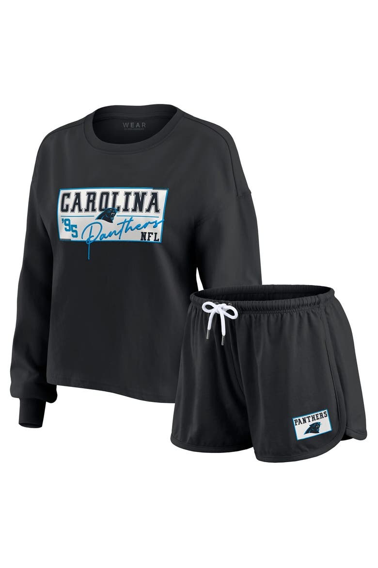 Women's WEAR by Erin Andrews Black Carolina Panthers Heavy Rugby Jersey Long Sleeve T-Shirt & Shorts Lounge Set, Main, color, Black