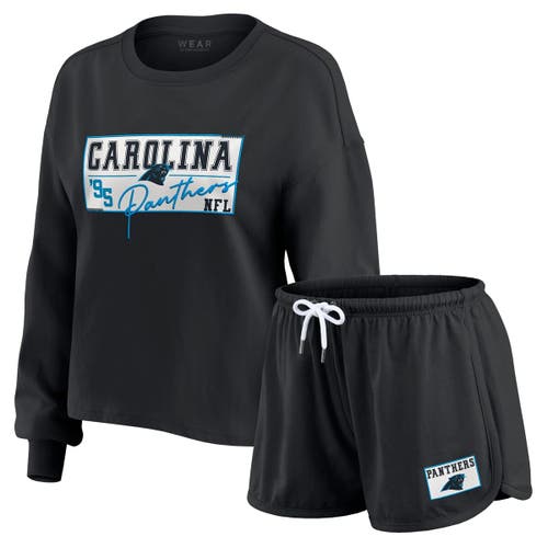 Wear By Erin Andrews Black Carolina Panthers Heavy Rugby Jersey Long Sleeve T-shirt & Shorts Lounge In Black