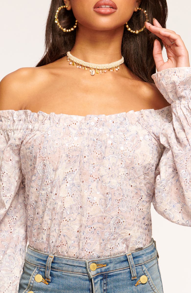 Ramy Brook Camila Eyelet Off the Shoulder Top, Alternate, color, Flax Printed Sequin