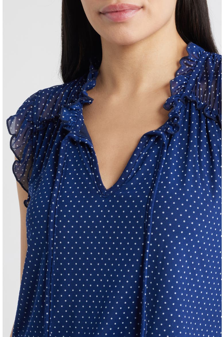Polka Dot Ruffle Trim Split Neck Top, Alternate, color, NAVY