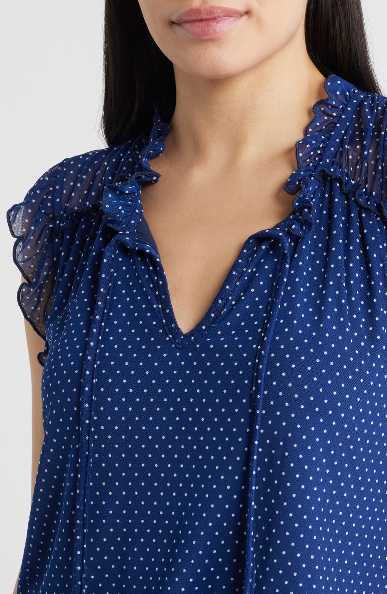 Loveappella Polka Dot Ruffle Trim Split Neck Top, Alternate, color, Navy
