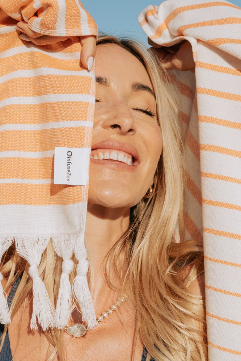 Gradient Striped Organic Turkish Towel with Soft Terry Cloth Back, Alternate, color, Orange