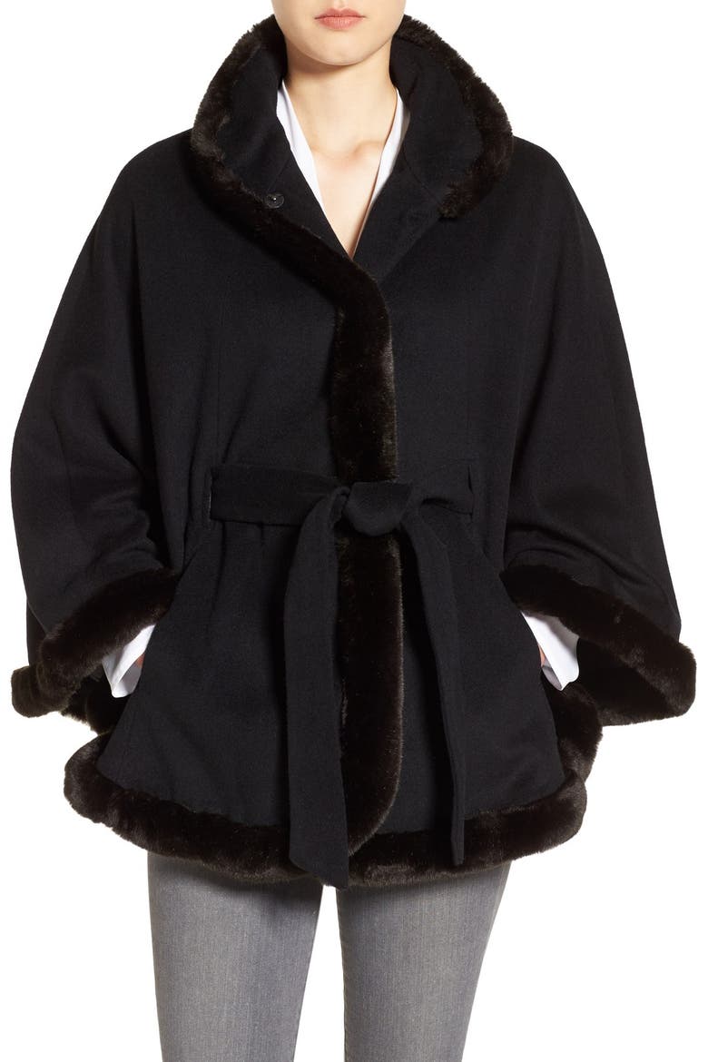 Wool Blend Cape with Faux Fur, Main, color, BLACK