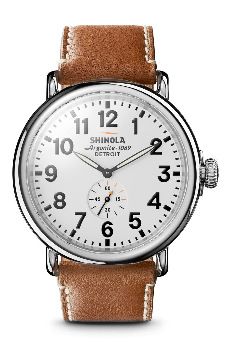 The Runwell Leather Strap Watch, 47mm, Main, color, BROWN/ WHITE/ SILVER