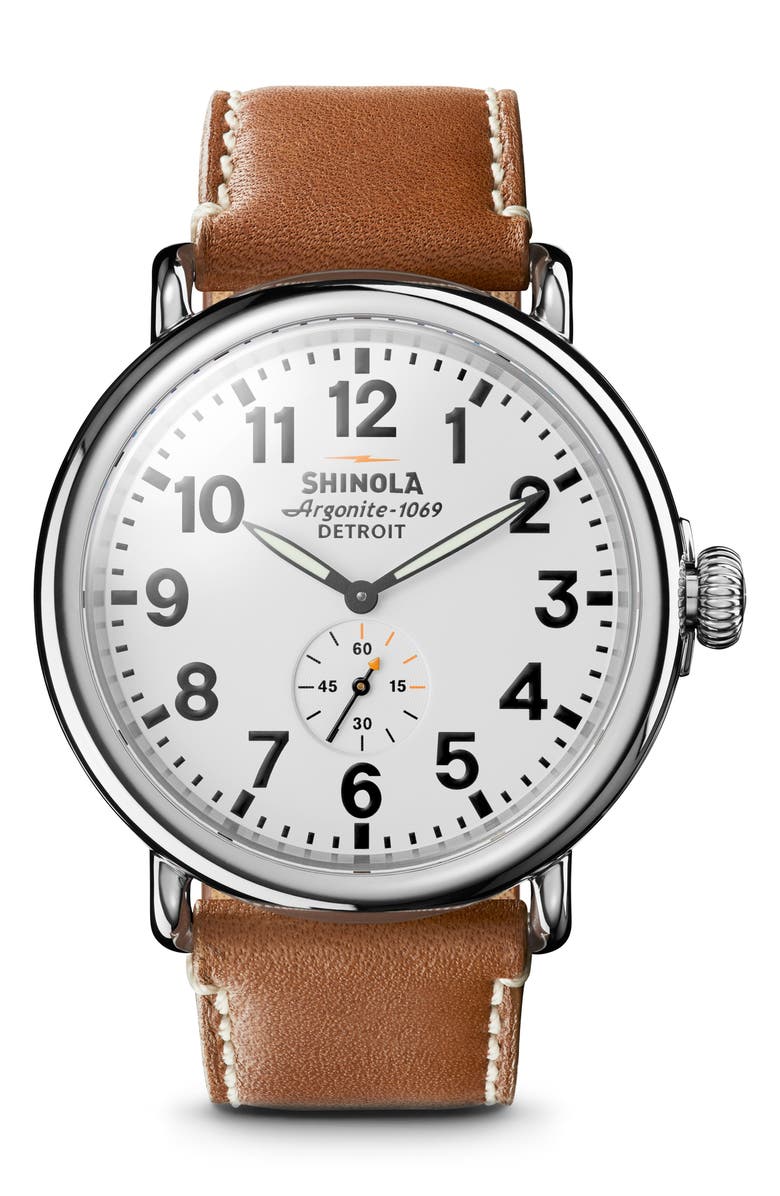Shinola The Runwell Leather Strap Watch, 47mm, Main, color, Brown/ White/ Silver