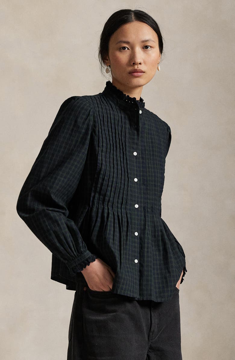 Polo Ralph Lauren Plaid Long Sleeve Peplum Button-Up Shirt, Alternate, color, Navy-Dark Green