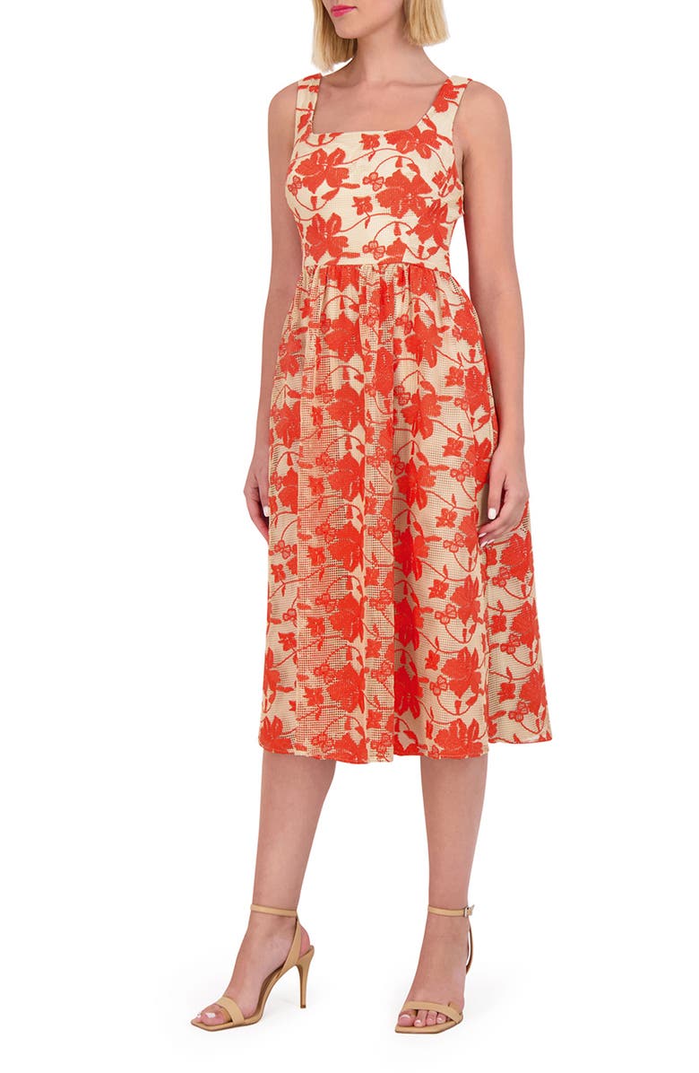 Vince Camuto Embroidered Mesh Midi Dress, Main, color, Poppy