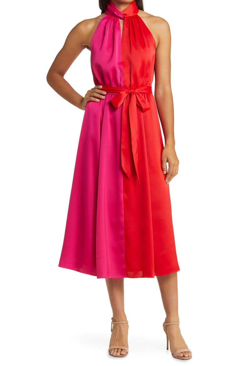 Twist Neck Belted Colorblock Midi Dress, Main, color, POPPY/ AMARANTH