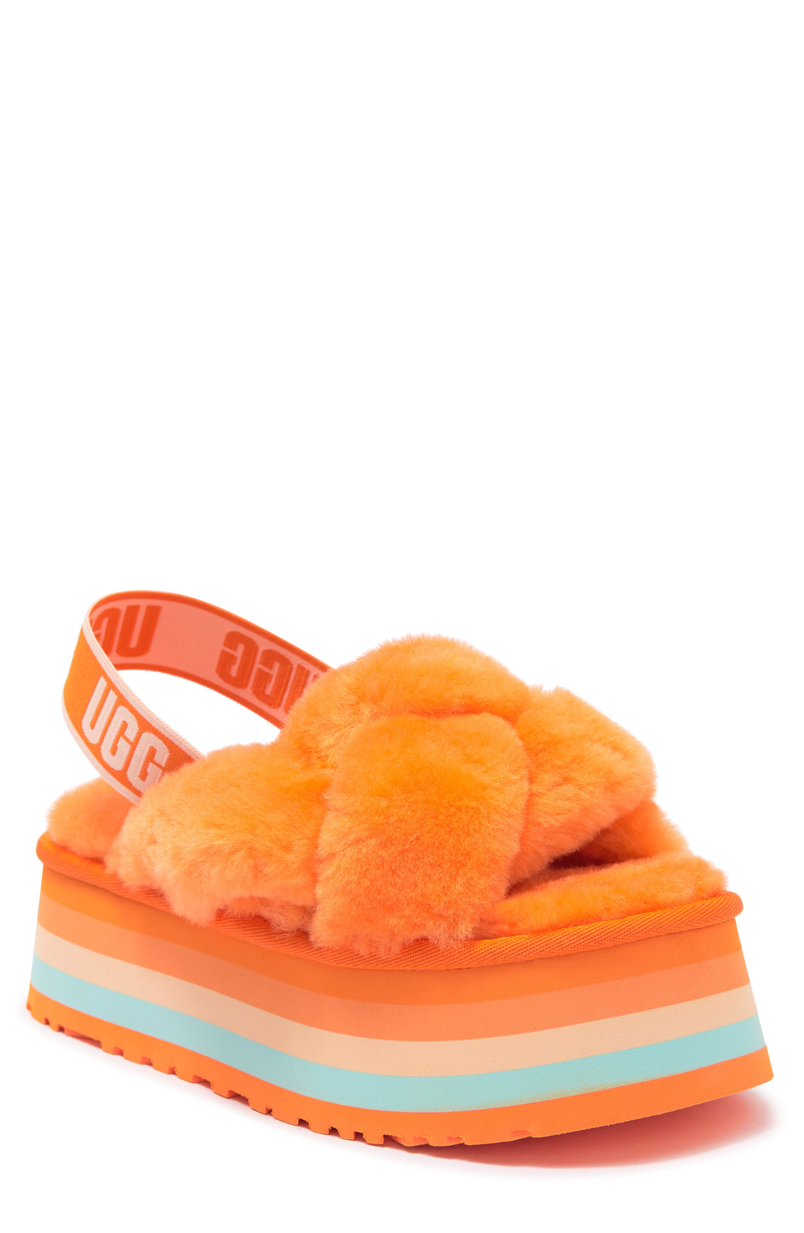 Disco Knot Genuine Shearling Slide, Main, color, MANDARIN