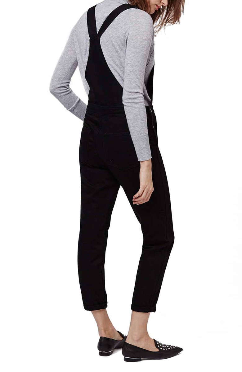Topshop Black Denim Overalls, Alternate, color, 