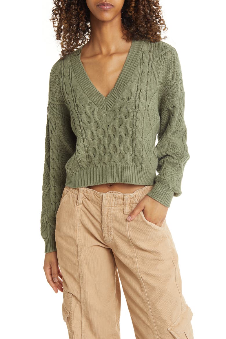 V-Neck Cable Knit Sweater, Main, color, GREEN DUNE
