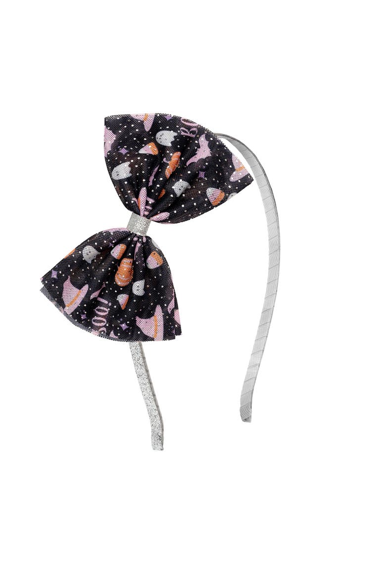Boo Halloween Tulle Bow Headband, Main, color, Black