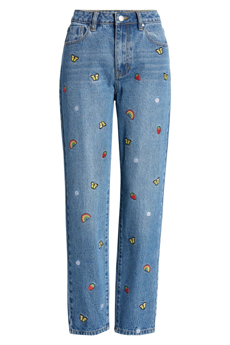 Mixed Embroidery Mom Jeans, Alternate, color, BLUE MEDIUM MIXED EMB