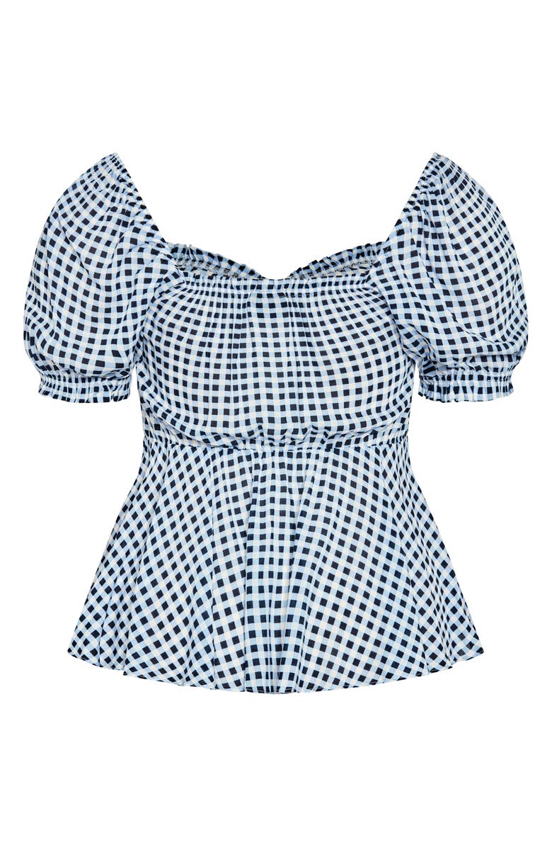 City Chic Isobel Gingham Puff Sleeve Peplum Top, Alternate, color, Navy Check
