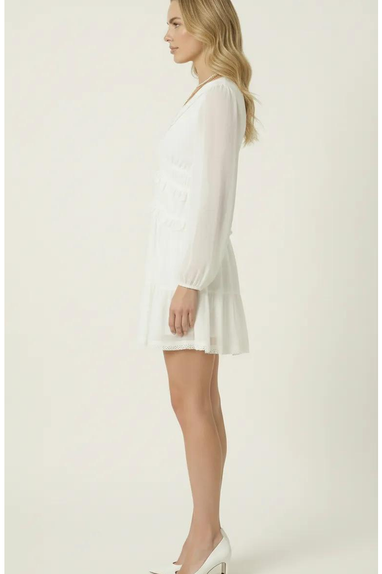 Long Sleeve V-Neck Ruffle Tiered Mini Dress with Sheer Chiffon Overlay, Alternate, color, White