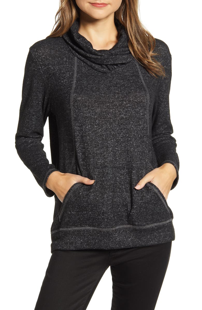 Loveappella Cross Neck Seamed Pullover, Main, color, Marble Black