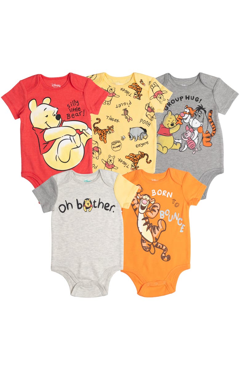 Disney Winnie the Pooh 5-Pack One Piece Bodysuits, Main, color, Red Grey Yellow Orange