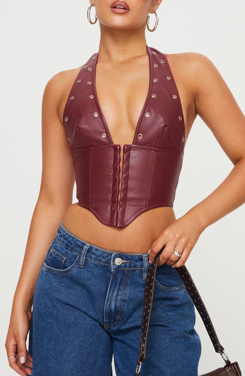 Princess Polly Palladia Jordy Grommet Faux Leather Corset Halter Top, Main, color, Dark Red