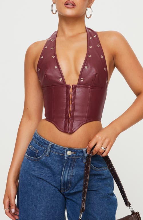 Princess Polly Palladia Jordy Grommet Faux Leather Corset Halter Top in Dark Red at Nordstrom, Size 12