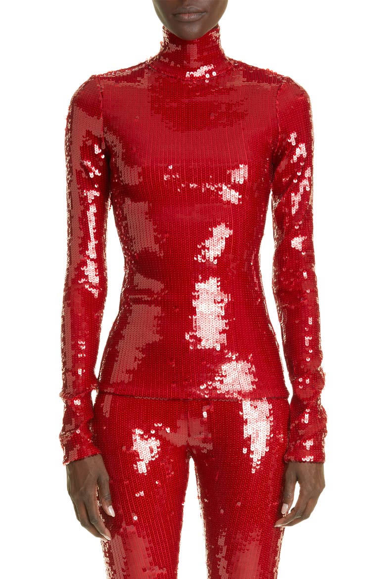 Sequin Mock Neck Long Sleeve Top, Main, color, CHERRY