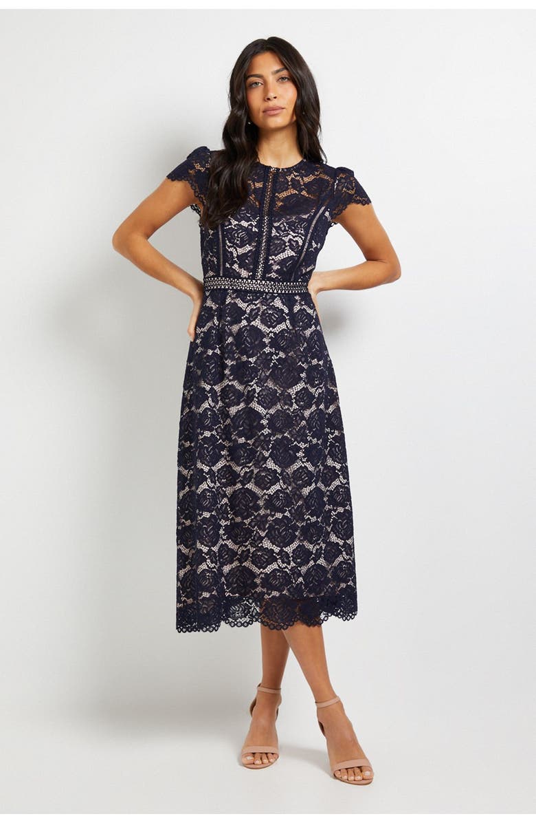 Wallis Lace Fit And Flare Midi Dress, Main, color, Navy
